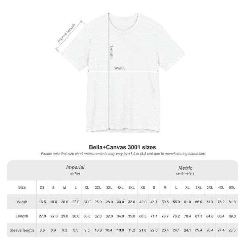 White t-shirt with size chart measurements on a white background