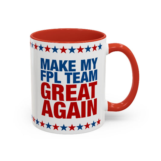 Mug with 'Make my FPL team great again' text and red handle on a white background