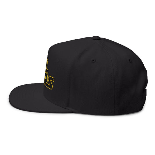 Blue cap with red text on a white background