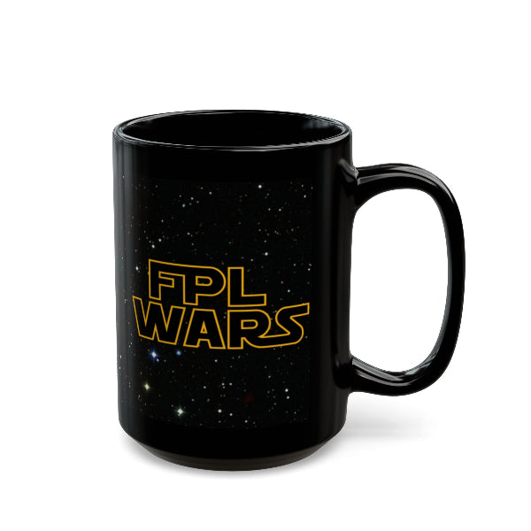Black mug with 'FPL WARS' text on a starry background