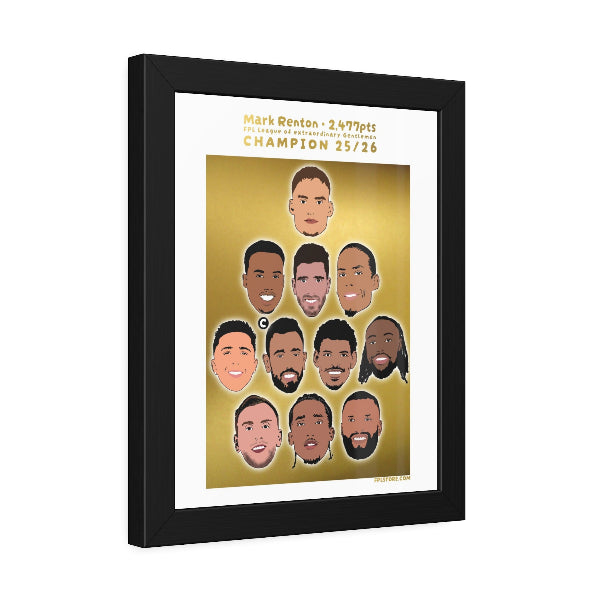 Framed artwork with illustrated faces on a gold background