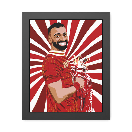 Framed artwork of a man in a red sports jersey holding a trophy against a red and white striped background.