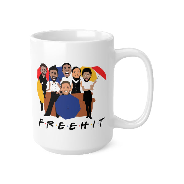 Free Hit FPL mug with Rice, Cherki, Szoboszlai, Gabriel, Bruno Fernandes and Pickford as the six friends, Fantasy Premier League gift