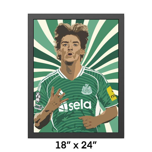 Framed poster of a soccer player in a green jersey with visible branding, size 18" x 24".