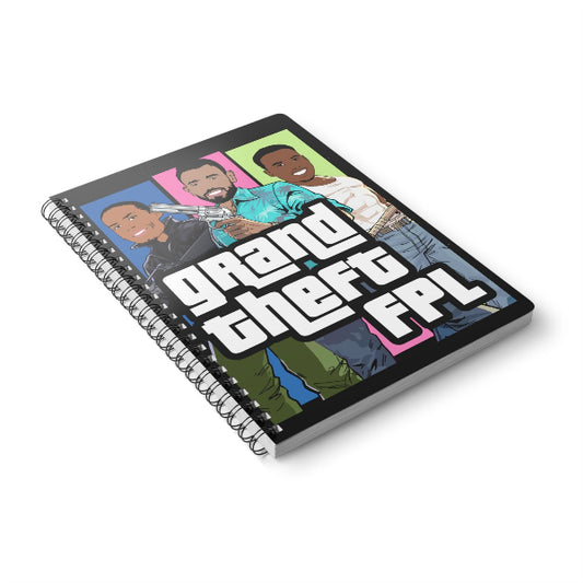 Notebook with cartoon characters and 'Grand Theft FPL' text on a white background