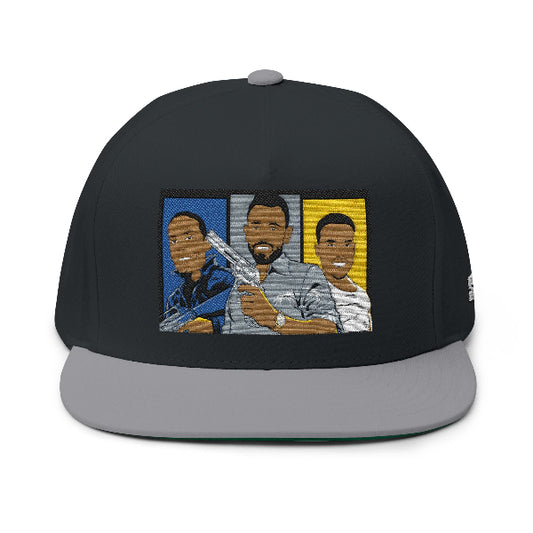 A dark charcoal gray snapback cap with a flat gray brim, featuring a colorful embroidered graphic of three men on the front panel.