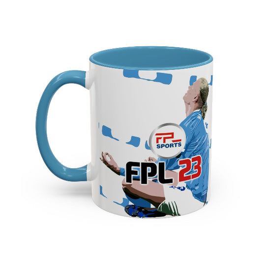 Mug with FPL 23 branding and a sports theme on a white background