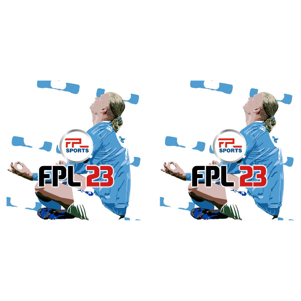 Two soccer players in blue jerseys with FPL Sports logo and 'FPL 23' text on a white background.