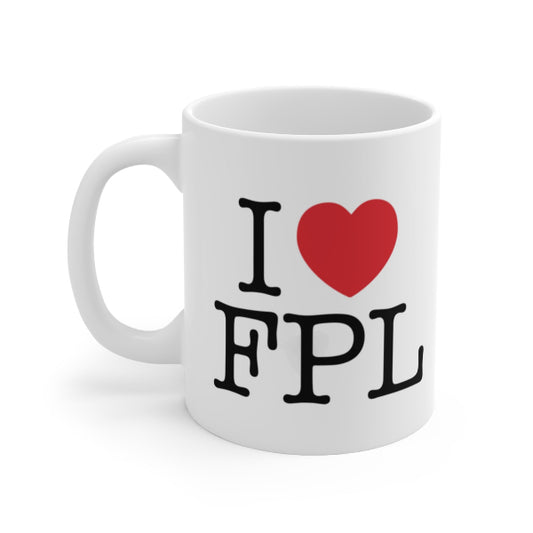 White mug with 'I ❤️ FPL' text on a white background