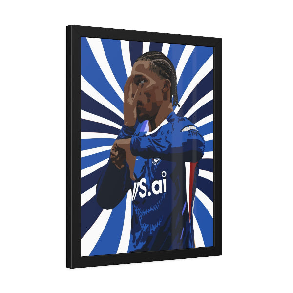 Framed artwork of a person in a blue sports jersey with a starburst background