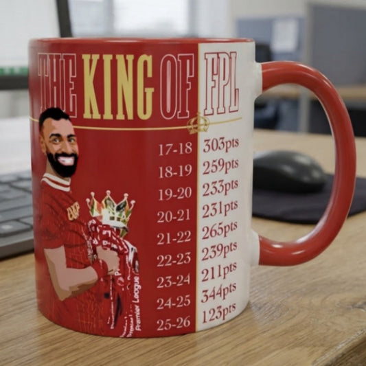 The King of FPL tribute mug to Mohamed Salah with his points from nine seasons, Fantasy Premier League gift