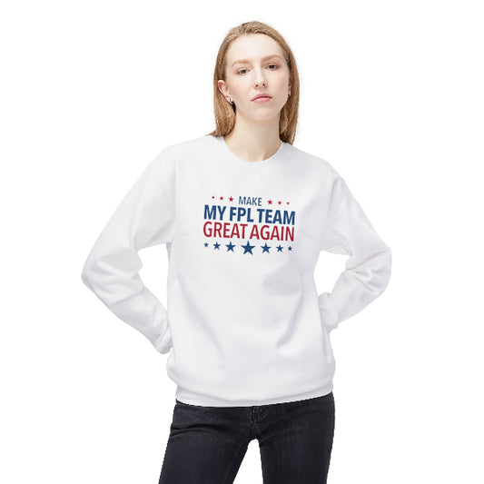 A woman modeling a white crewneck sweatshirt with a 'Las Vegas' graphic on the chest, paired with black jeans, against a plain white background.