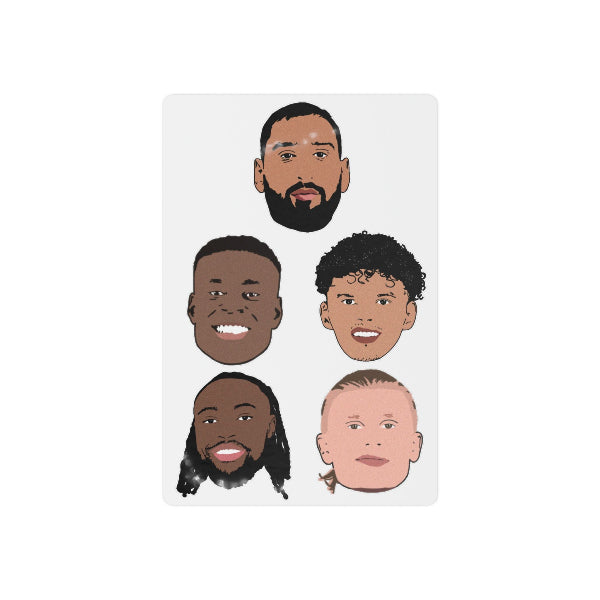 A rectangular sticker or card featuring five stylized illustrated male faces in a grid layout on a light gray background.