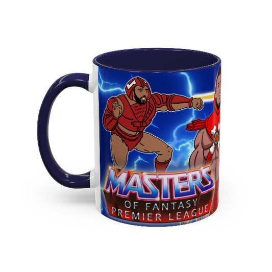 Mug with 'Masters of Fantasy Premier League' design featuring characters in red and blue on a white background.