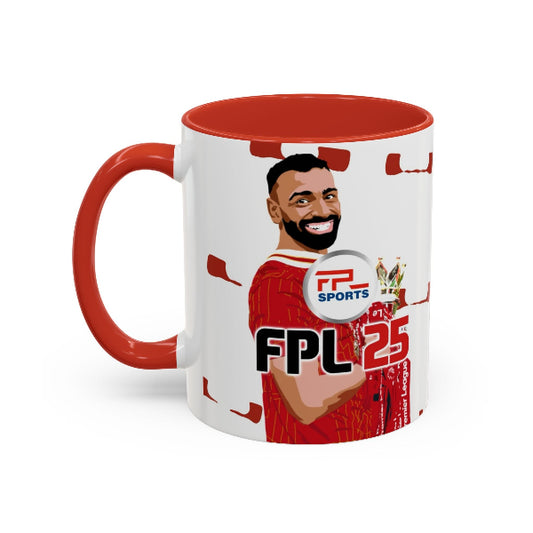 Mug with a red interior and handle, featuring a cartoon character and 'FPL' branding on a white background.