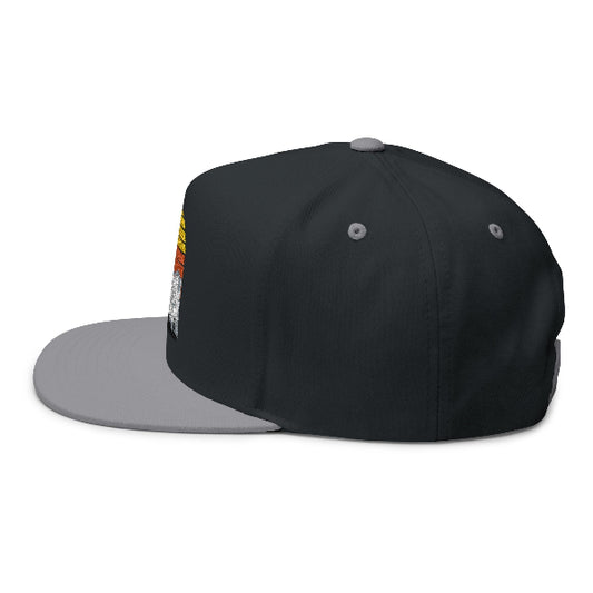 Black and gray cap with a logo on a white background