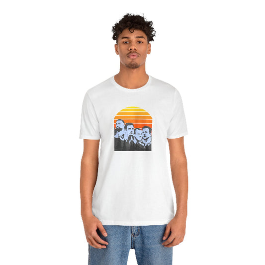 Person wearing a white t-shirt with a graphic design on a white background