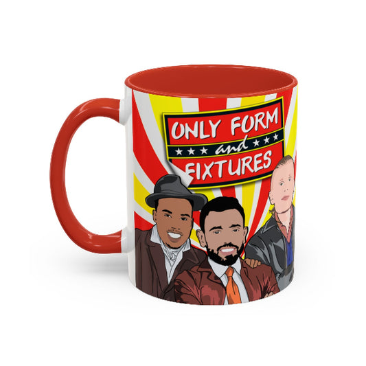 Mug with cartoon characters and 'Only Form and Fixtures' text on a white background