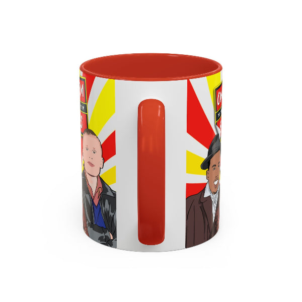 Mug with cartoon characters and a red interior on a white background