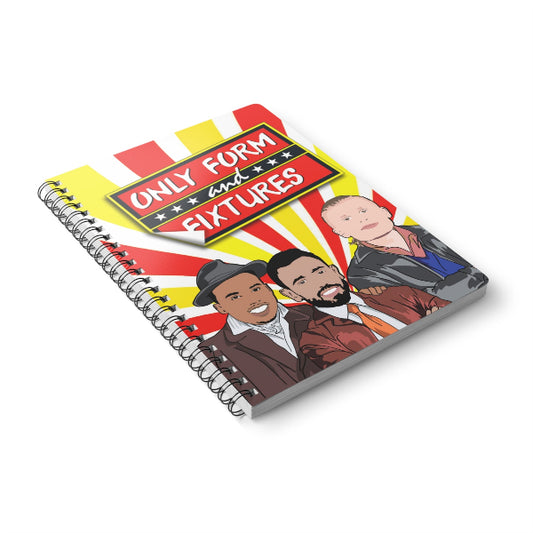 Notebook with illustration of three people and a colorful design on the cover