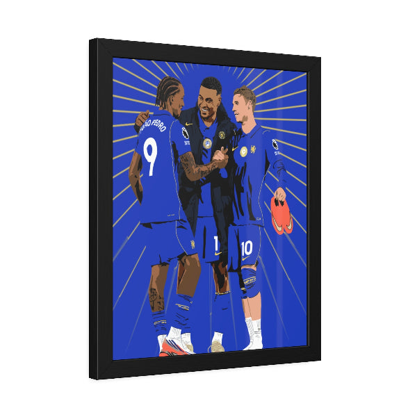 JPMorgan Chelsea pop art framed print with illustrations of Cole Palmer, Joao Pedro and Morgan Rogers, Fantasy Premier League wall art