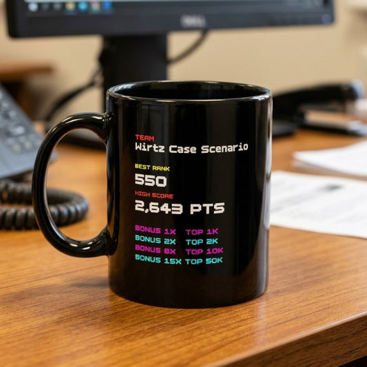 White mug printed with a personalised FPL high-score table showing best overall ranks in rainbow arcade colours