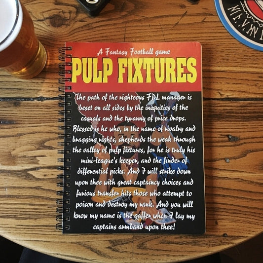 Notebook titled 'Pulp Fixtures' on a wooden table with a beer glass.