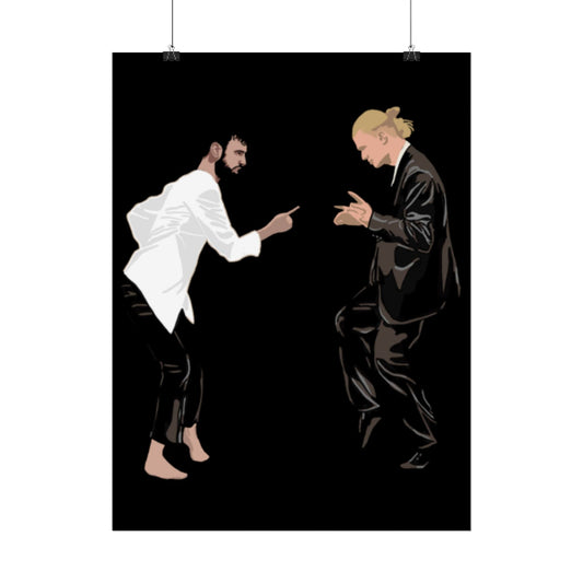 Illustration of two figures in a martial arts pose on a black background