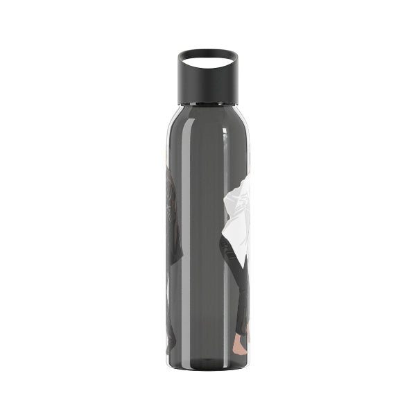 Black water bottle with a design on a white background