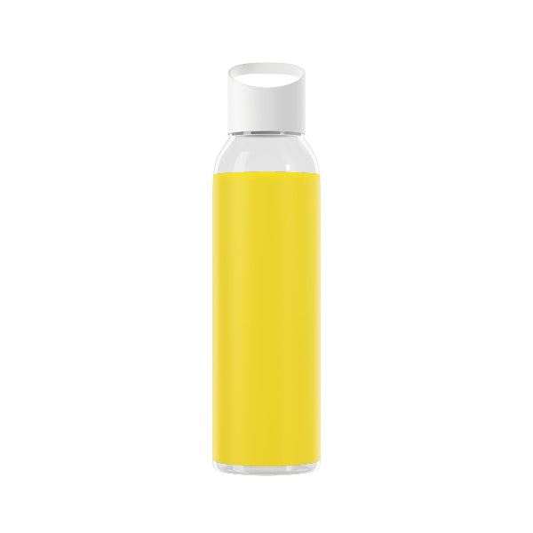 Yellow water bottle with a white cap on a white background