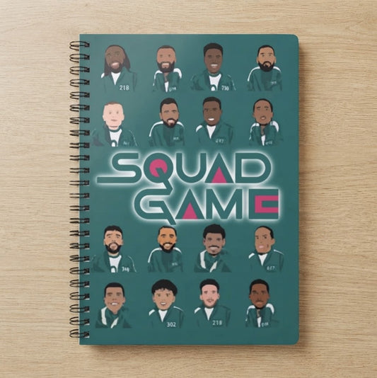 Squad Game A5 notebook with players in green jumpsuits, Fantasy Premier League gift