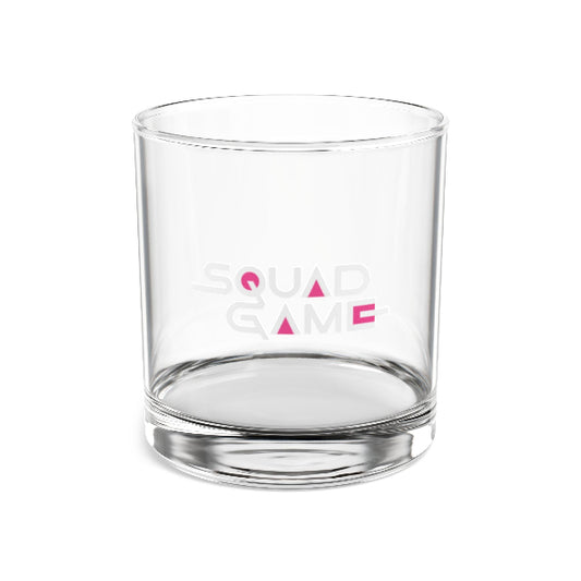 Clear glass tumbler with 'Squad Game' text on a white background