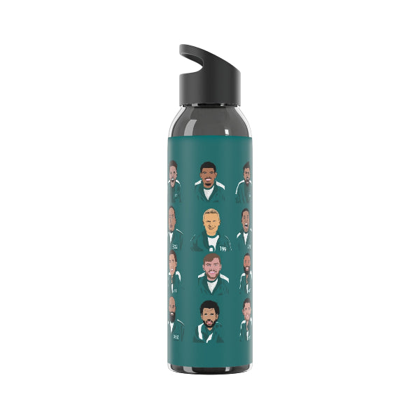 Water bottle with multiple portraits on a green background