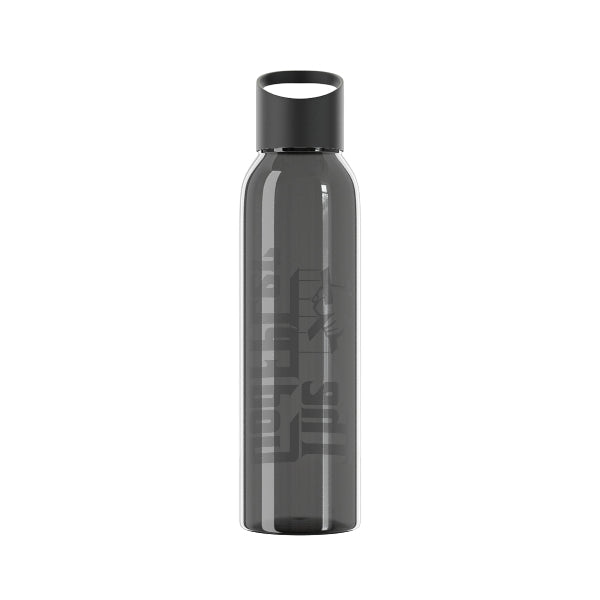 Gray water bottle with black cap on a white background