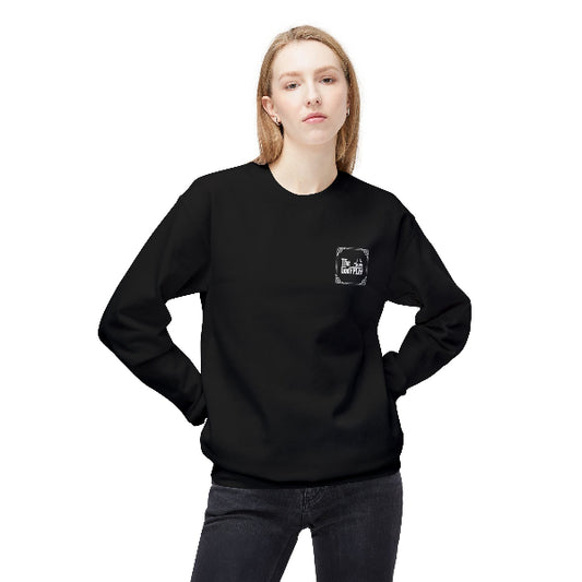 Person wearing a green sweatshirt with a logo on a white background