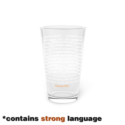 Clear glass with text pattern on a white background, labeled 'contains strong language'.