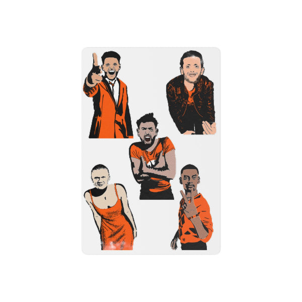 Set of five illustrated figures in orange and black clothing on a white background
