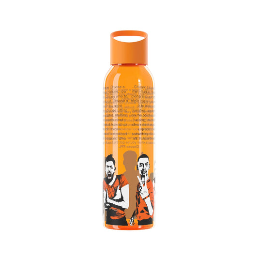 Orange water bottle with graphic design on a white background