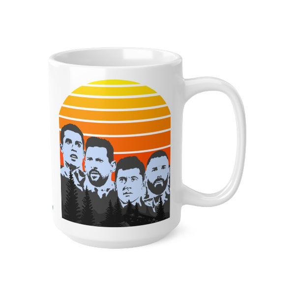 White mug with a design of four men's faces against an orange and yellow sunset background.