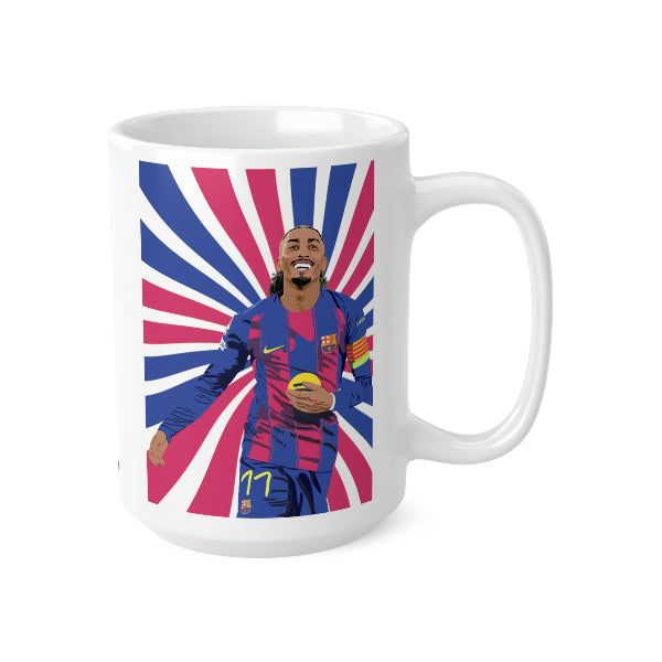 White mug with a colorful design of a soccer player in a blue and red jersey on a white background