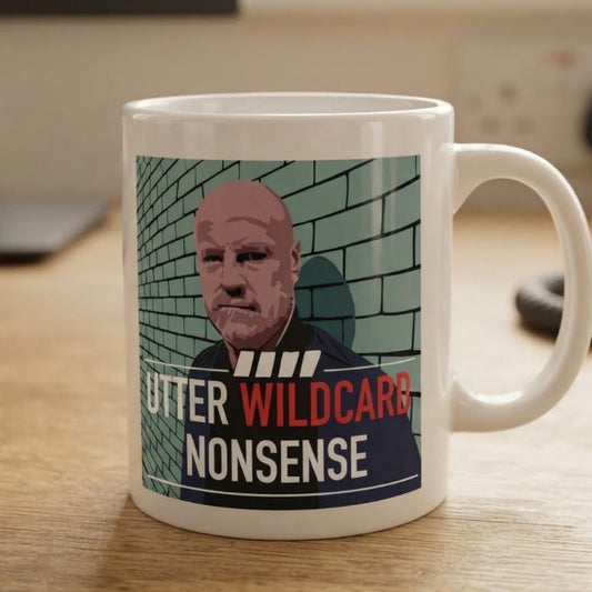 Utter Wildcard Nonsense mug with illustrated Sean Dyche quote meme, Fantasy Premier League gift