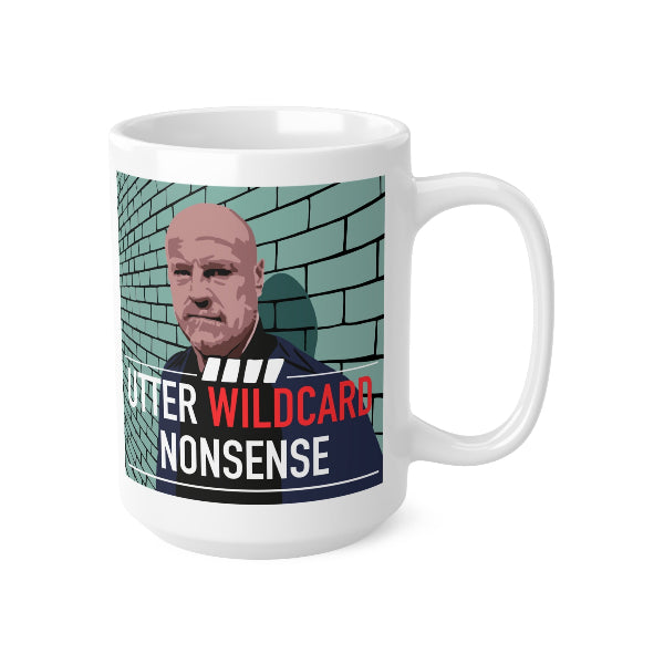 A white ceramic mug featuring a printed graphic of a man's portrait in front of a teal brick wall, with bold text reading 'JITTER WILDCARD NONSENSE' in white and red.