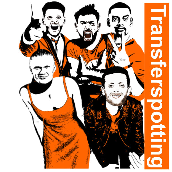 A stylized graphic illustration of five men in orange, black, and white tones, with a vertical orange text panel reading 'Transpotting' on the right side.