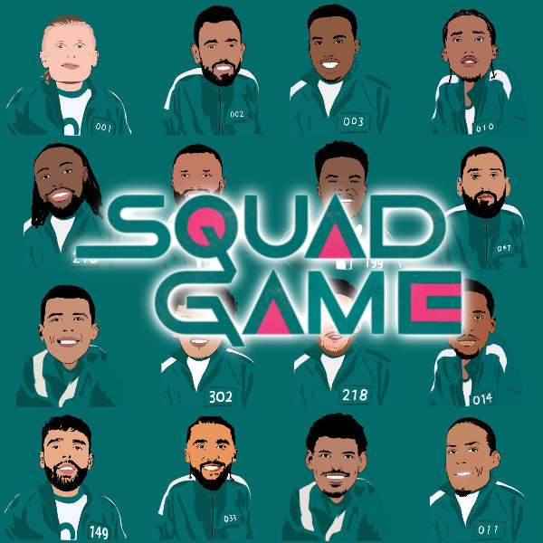 A stylized illustrated collage of cartoon avatars wearing green and white tracksuits, arranged around large text reading “SQUAD GAME” on a teal background.