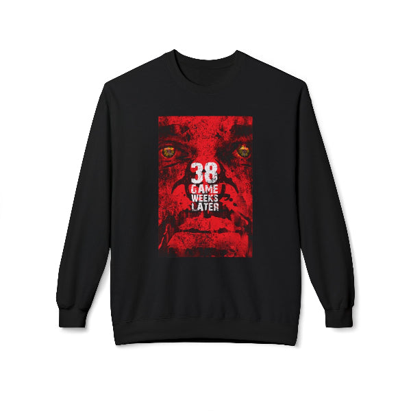 A black crewneck sweatshirt featuring a distressed red graphic print on the front with a stylized face, the number '38', and the text 'GAME WEEKS LATER'.