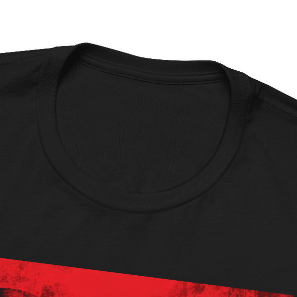 Close-up of a black crew-neck t-shirt showing the inner collar and a bold red graphic stripe across the bottom edge.
