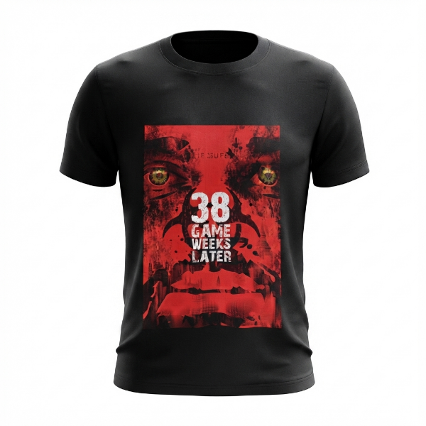 A black short-sleeve crewneck t-shirt featuring a large red graphic print on the front with a stylized face, the text '38', and 'GAME WEEKS LATER'.