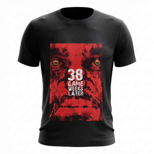 A black short-sleeve crewneck t-shirt featuring a large red graphic print on the front with a stylized face, the text '38', and 'GAME WEEKS LATER'.