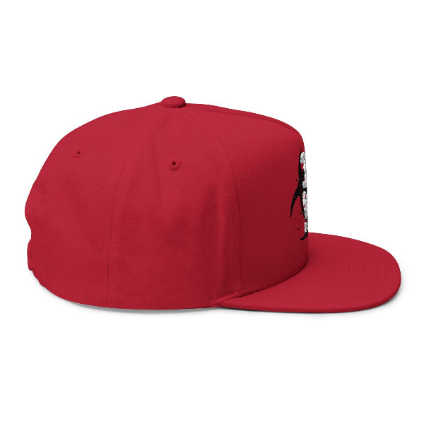 Red cap with a green logo on a white background