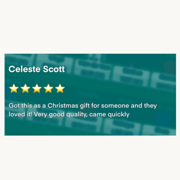 Product review with five-star rating and text on a green background
